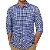 PJ PAUL JONES Mens Dress Shirts Cotton Long Sleeve Button Down Shirts Business Casual Plaid Tops with Pocket