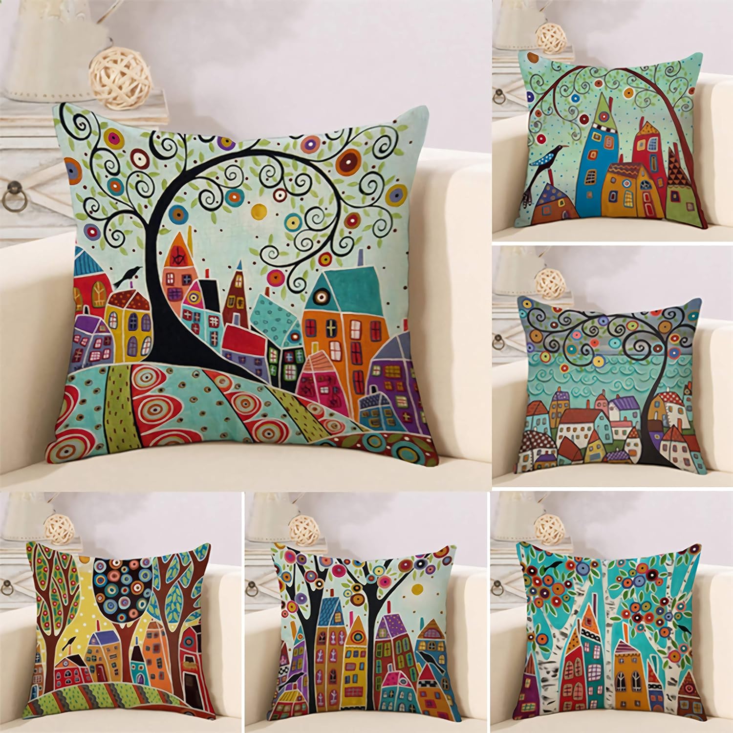 RABUIT Pack of 6,Sofa Pillow Covers Green 18x18 inches Decorative Square Throw Pillow Cover Cushion Covers Pillow case, Home Decor Decorations for Sofa Couch Bed Chair Car (Building 6 Pack)