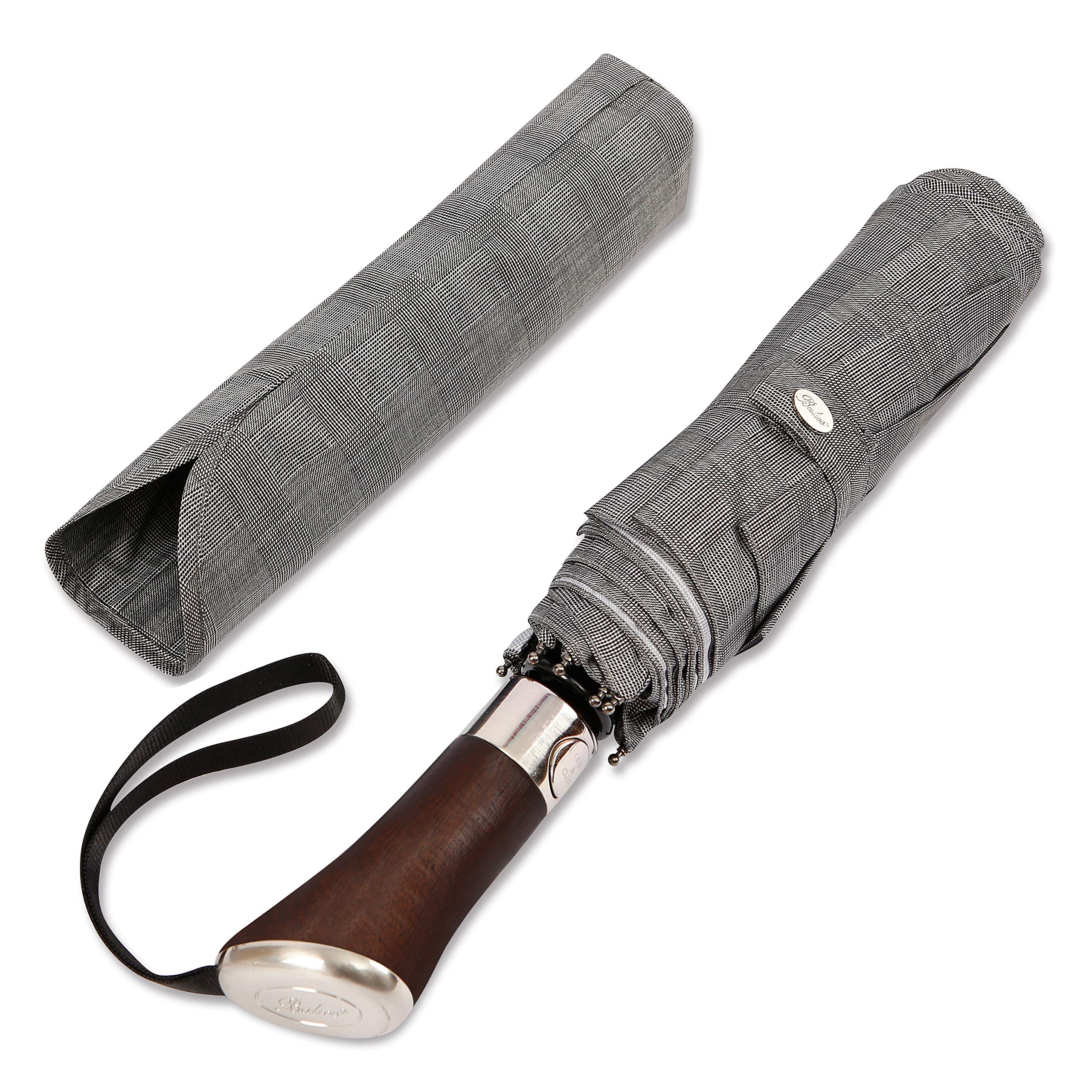 (Designed in UK) Balios Travel Umbrella Luxurious Golden Rosewood Handle Auto Open & Close Windproof Frame Single Canopy Automatic Folding Umbrella Men's & Ladies