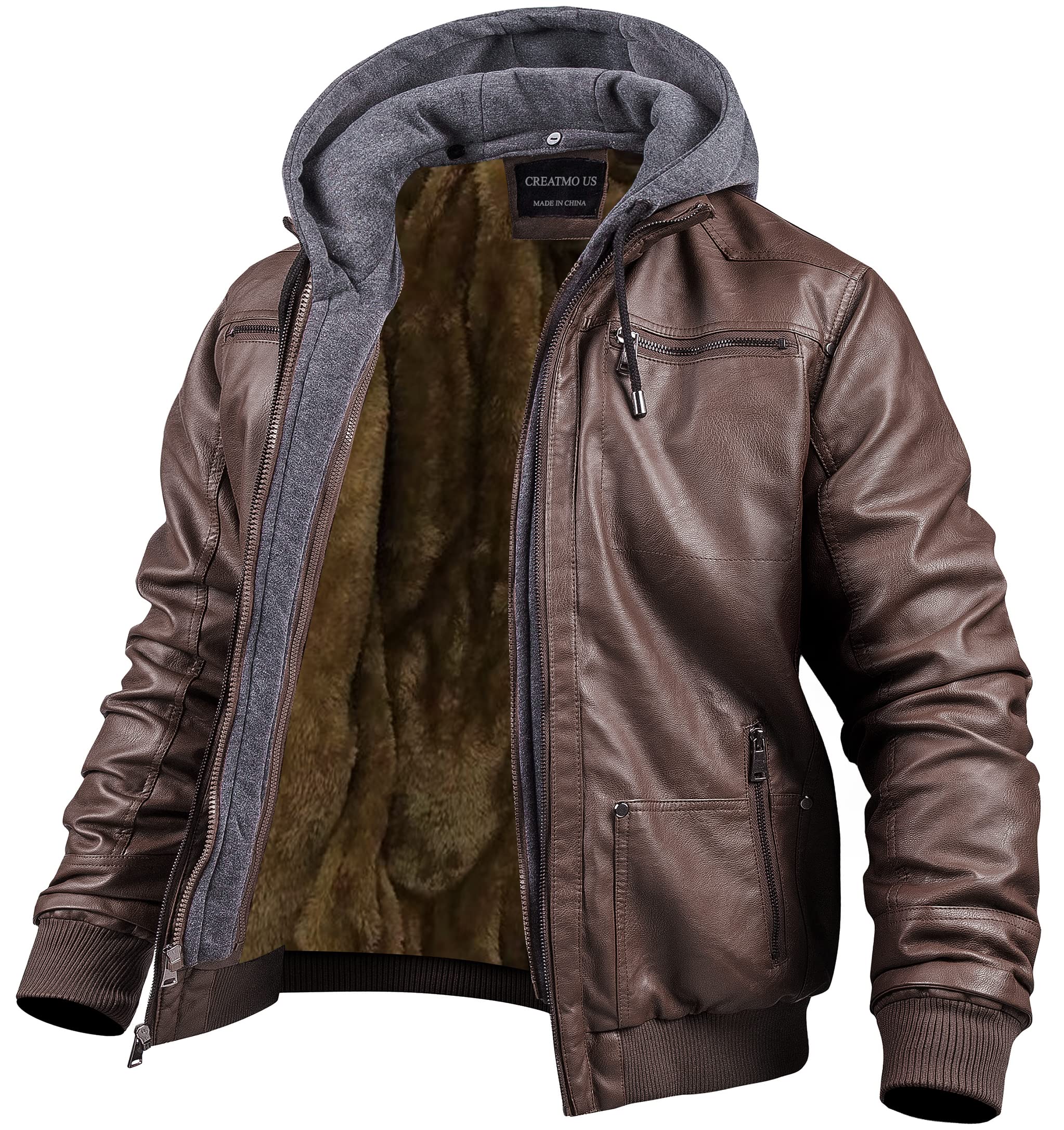 Photo 1 of CREATMO US Motorcycle Jacket Casual Leather Jacket Lightweight Faux Leather Jacket with Removable Hood Motorcycle Casual Vintage Coat Coffee Velvet Lined M