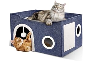 Heeyoo Cat House for Indoor Cats - Large Cat Bed Cave with Fluffy Ball and Scratch Pad, Foldable Cats Houses & Condos, Cat Hideaway, Covered Kitty Bed for Multi Small Large Kitty, 23.8x15.9x13.2 Inch