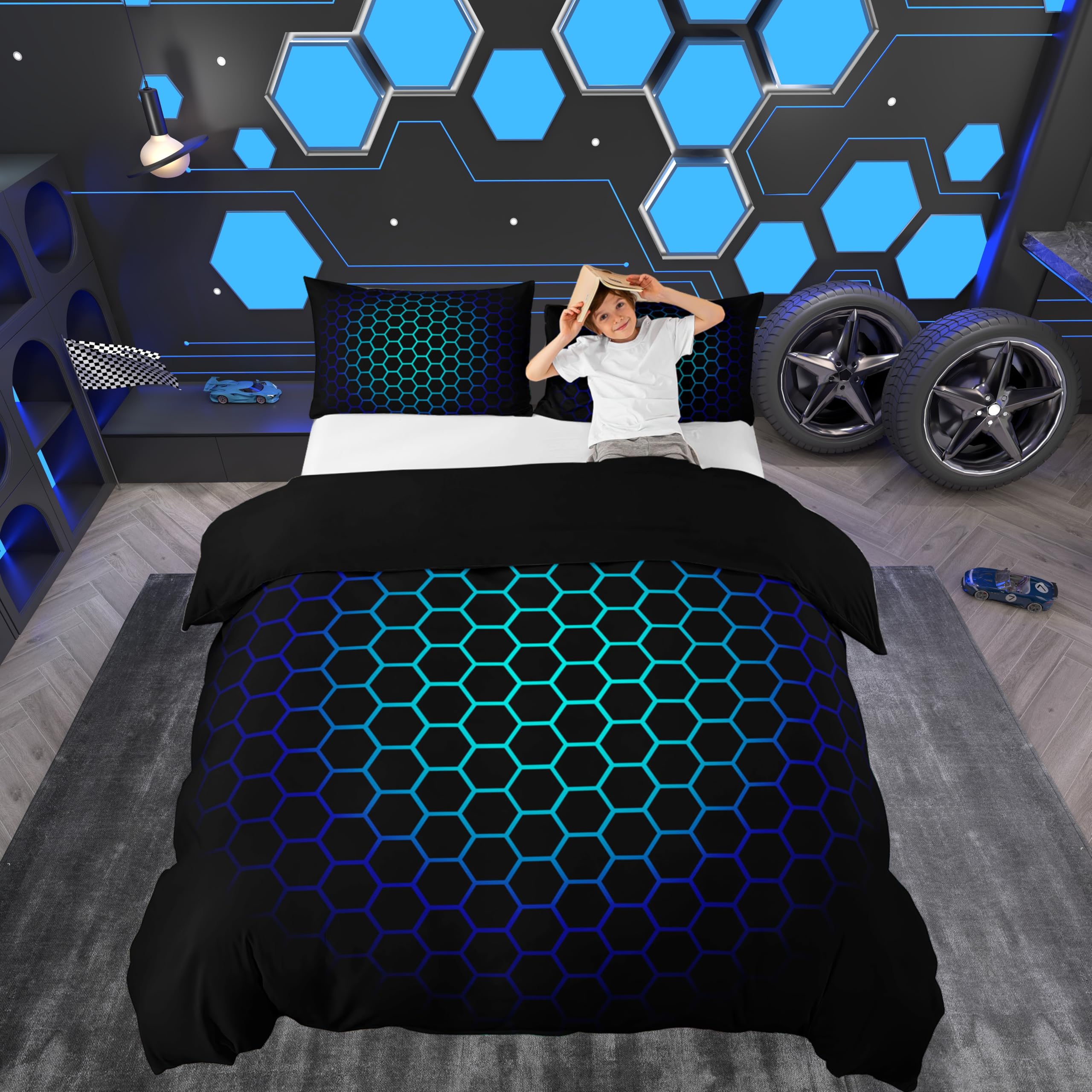 Loussiesd Hexagonal Bedding Set 3D Geometric Honeycomb Duvet Cover for Kids Boys Girls Luxury Beehive Hexagon Comforter Cover Neon Blue Teal Black Decor Bedspread Cover 2Pcs Single — image 1