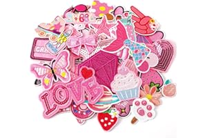 AUGSUN 36pcs Pink Embroidered Patches Random Assorted Styles Pink Theme Iron on Patches for Girls, Western Cowgirl DIY Sew Ap