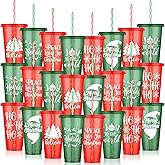 Kochorie 24 Pieces Christmas Plastic Cups Bulk 24oz Reusable Christmas Cups with Lids and Straws Thick Plastic Tumbler Cup for Xmas Gift Holiday Party Supplies, 6 Styles
