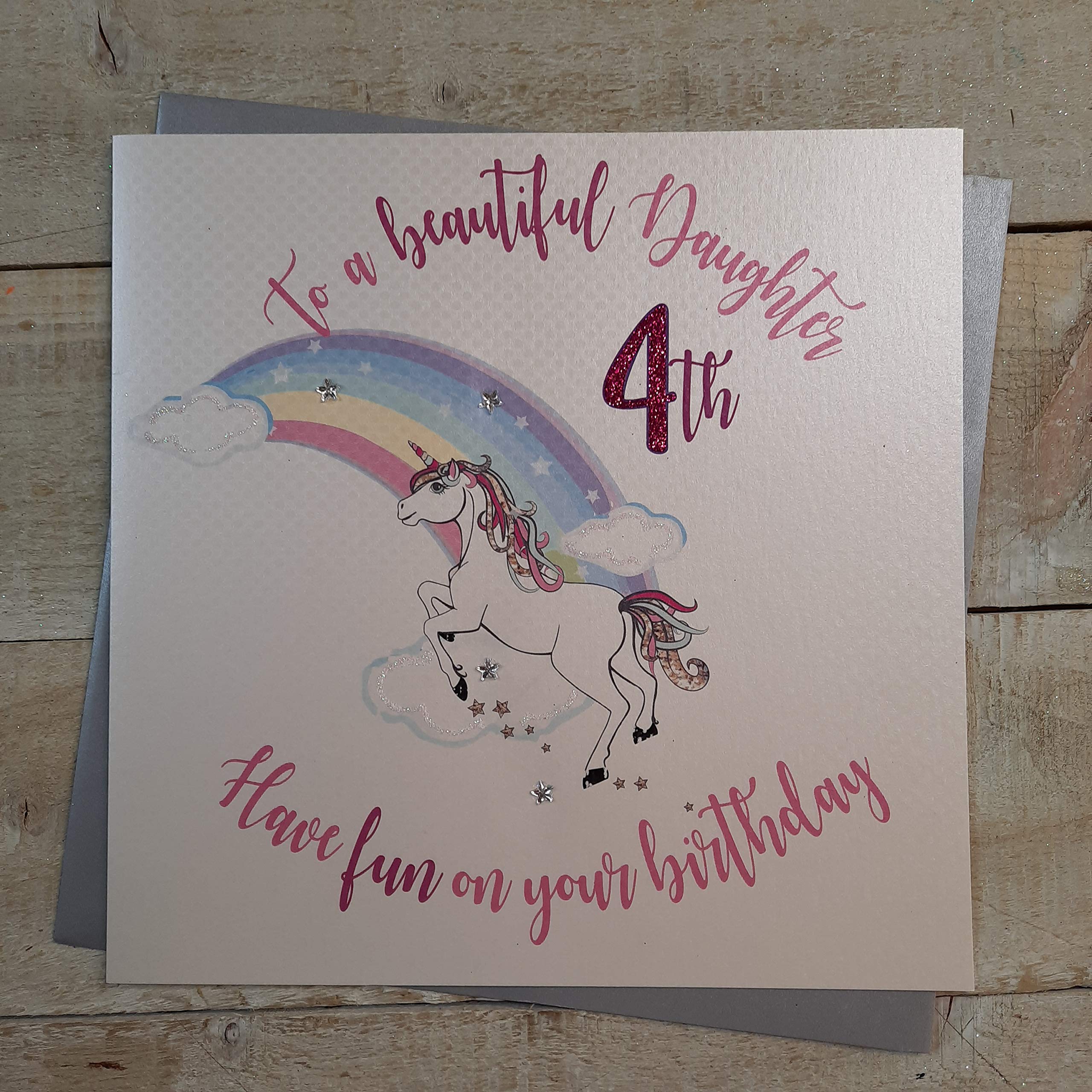 white cotton cards XR31-4 Large"to a Beautiful Daughter, Have Fun on Your 4th Birthday" Handmade Card