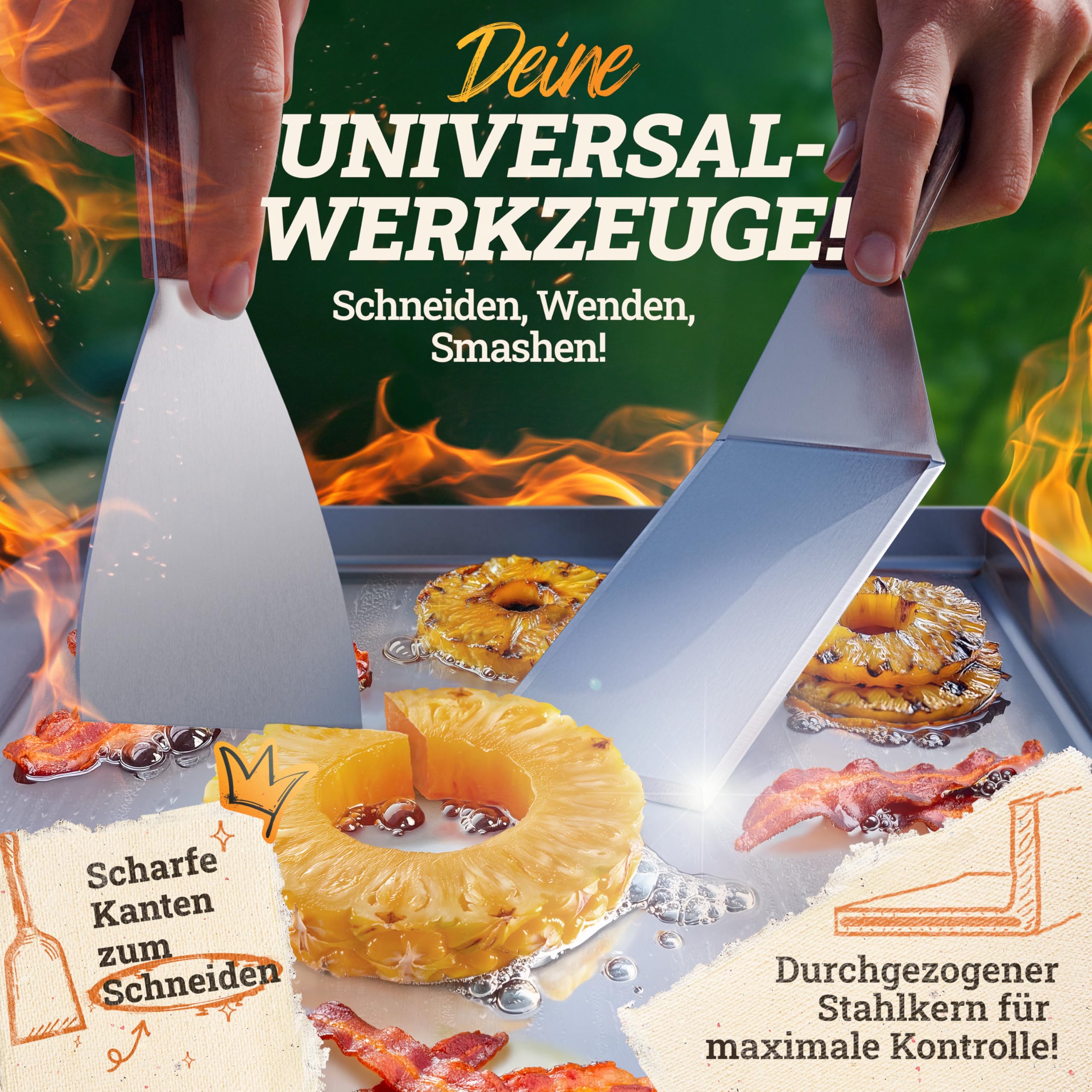 LIKAYA® Plancha Grillplatte [30x40cm] mit 2x Grillspachtel mit FSC-Akazienholzgriff Grillzubehör | Verzugsfreier Edelstahl | Plancha Gasgrill Kohlegrill | Geschlossene Ecken ohne Auslaufen 5