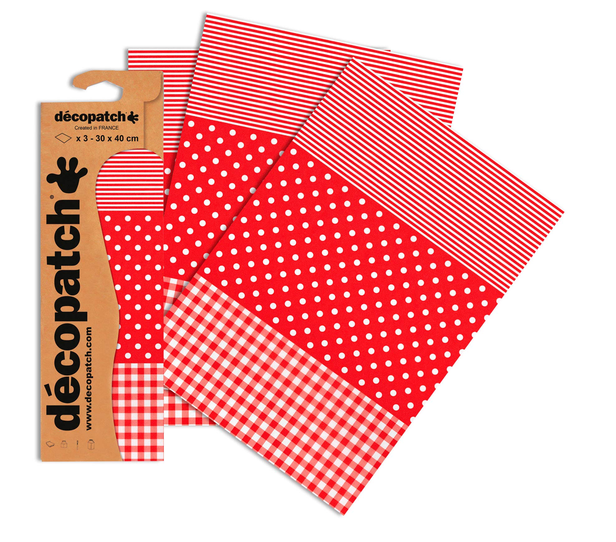 Décopatch Red Spots, Stripes and Gingham Paper, 30x40cm (Pack of 3 sheets)