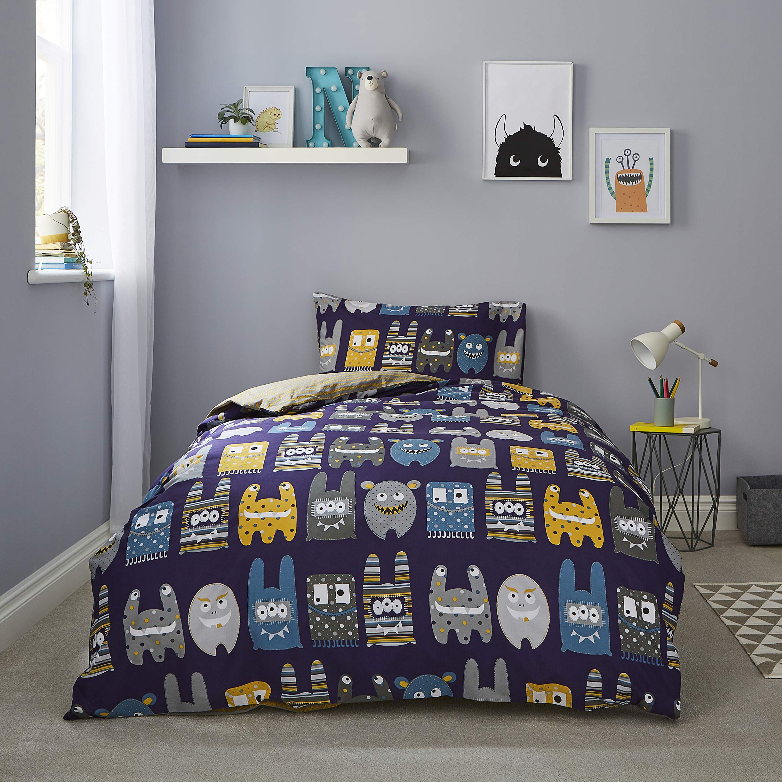 Silentnight Healthy Growth Monster Kids Duvet Set - Toddler Children's Boys Bedding Quilt Pillowcase - Machine Washable Duvets Quilts Bed Covers Set, Double