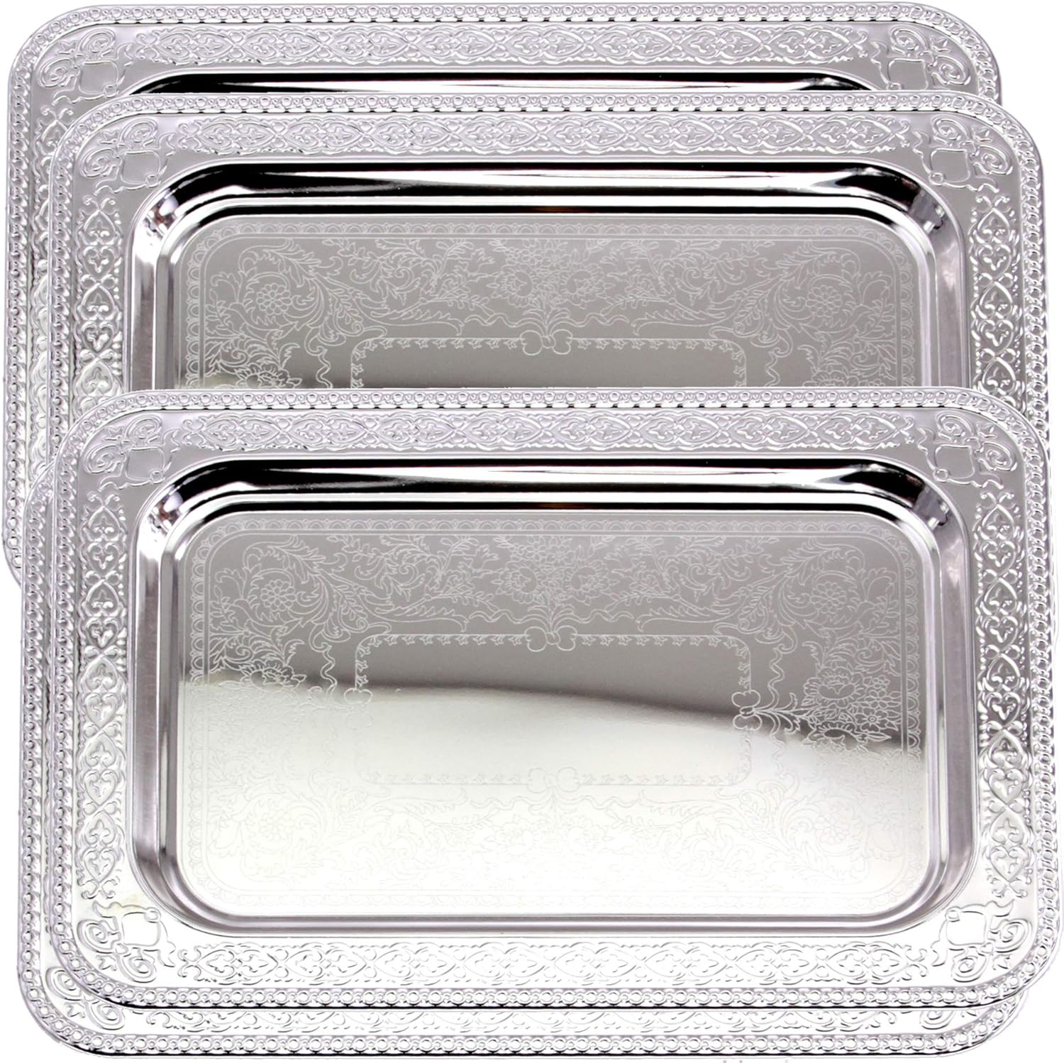 Maro Megastore (Pack of 4) 13.9 Inch x 10 Inch Oblong Chrome Plated Mirror Serving Tray Stylish Ribbon Floral Engraved Edge Decorative Party Birthday Wedding Dessert Buffet Wine Platter Plate CC-943