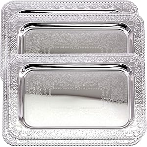 Maro Megastore (Pack of 4) 13.9 Inch x 10 Inch Oblong Chrome Plated Mirror Serving Tray Stylish Ribbon Floral Engraved Edge Decorative Party Birthday Wedding Dessert Buffet Wine Platter Plate CC-943