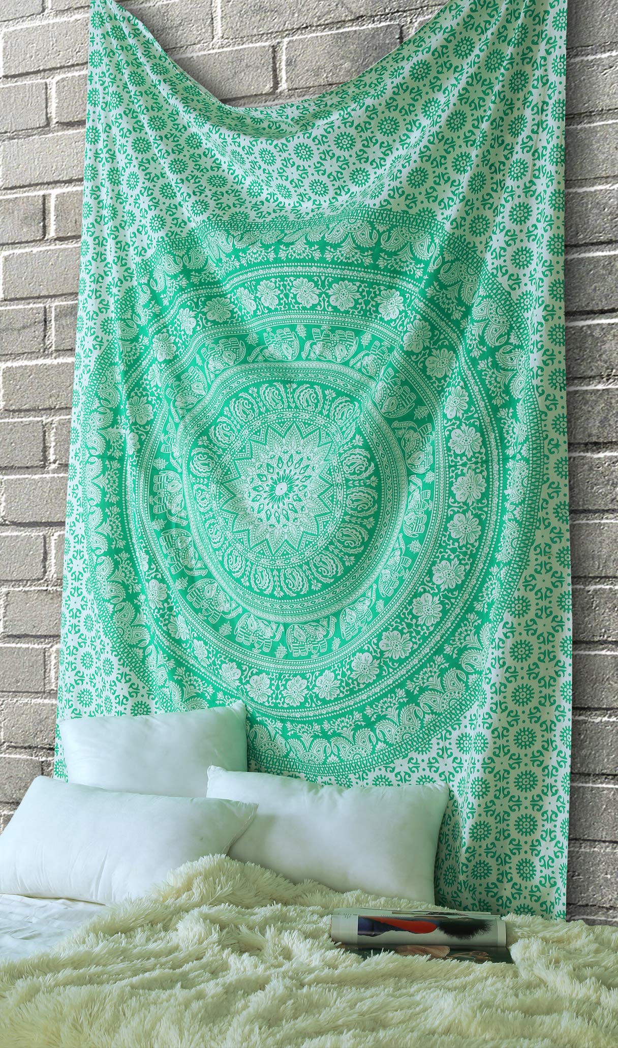 RAJRANG Mandala Tapestry - 137x213 cm Cotton Wall Hanging Tapestries for Bedroom Bohemian Hippie Elephant Beach Throw College Dorm Decor Boho Bedsheet - Green