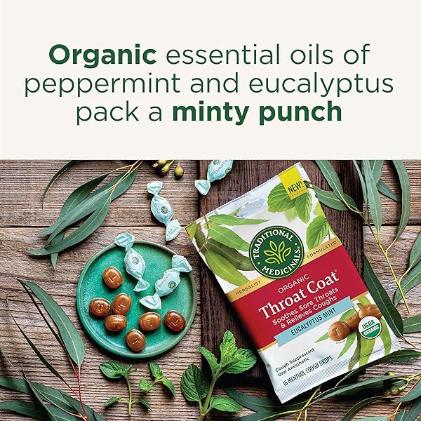 TRADITIONAL MEDICINALS LOZENGES, ORGANIC THROAT COAT LOZENGES, EUCALYPTUS MINT, SOOTHES SORE THROATS & RELIEVES COUGHS, 16 INDIVIDUALLY WRAPPED