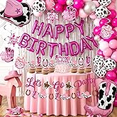 Disco Cowgirl Birthday Party Decorations - 105PCS Pink Decorations, Happy Birthday Foil Balloons, Hanging Swirls, Hot Pink Silver Balloon Garland Arch Kit, Banner, Cake Topper