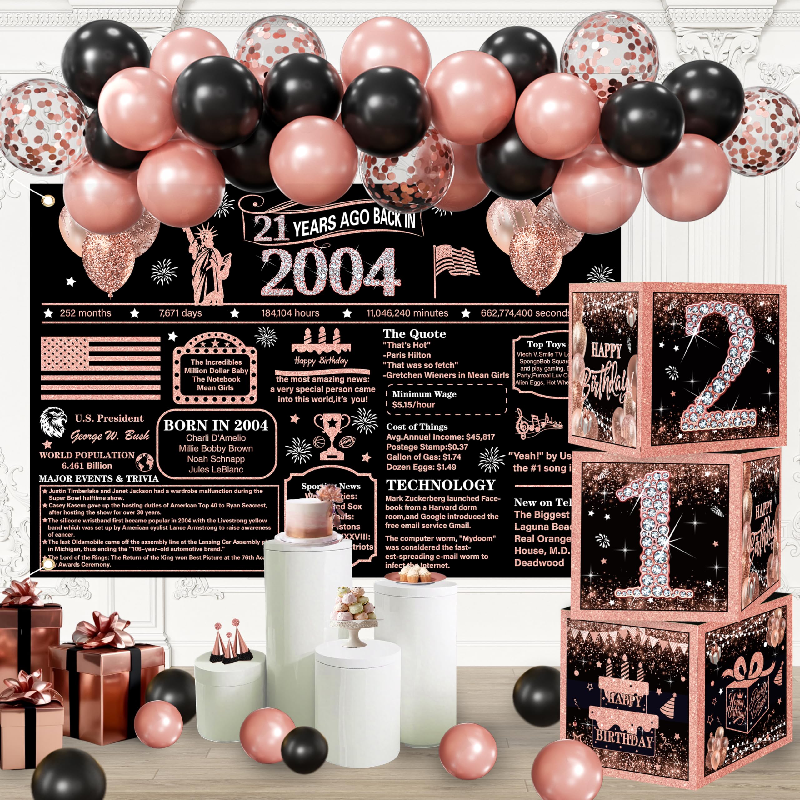 Photo 1 of 21st Birthday Decorations for Women - Back in 2004 Theme Backdrop, Rose Gold Balloons,21 Birthday Boxes Decor for Girls