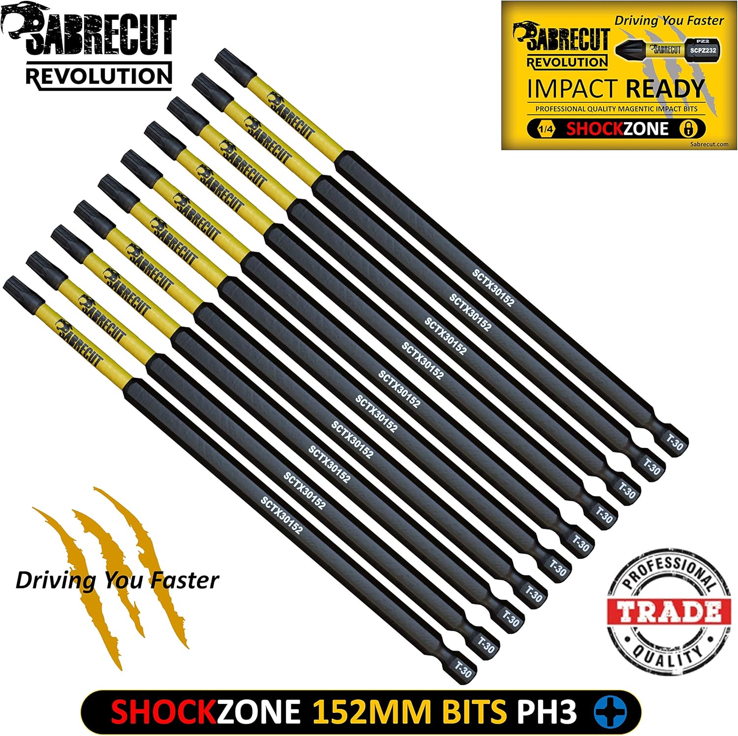 10 x SabreCut SCTX30152_10 152mm T30 TX30 Magnetic Impact Screwdriver Driver Bits Set Torx Heavy Duty, 1/4 inches - Image 3