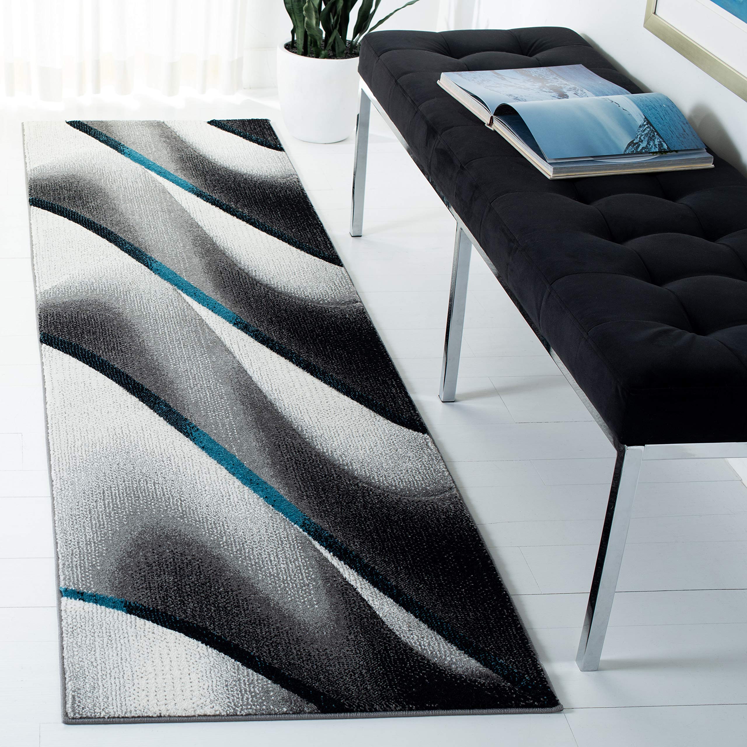 SAFAVIEH Hollywood Collection Runner Rug - 2'3" x 12', Grey & Blue, Mid-Century Modern Design, Non-Shedding & Easy Care, Ideal for High Traffic Areas in Living Room, Bedroom (HLW712F) Image
