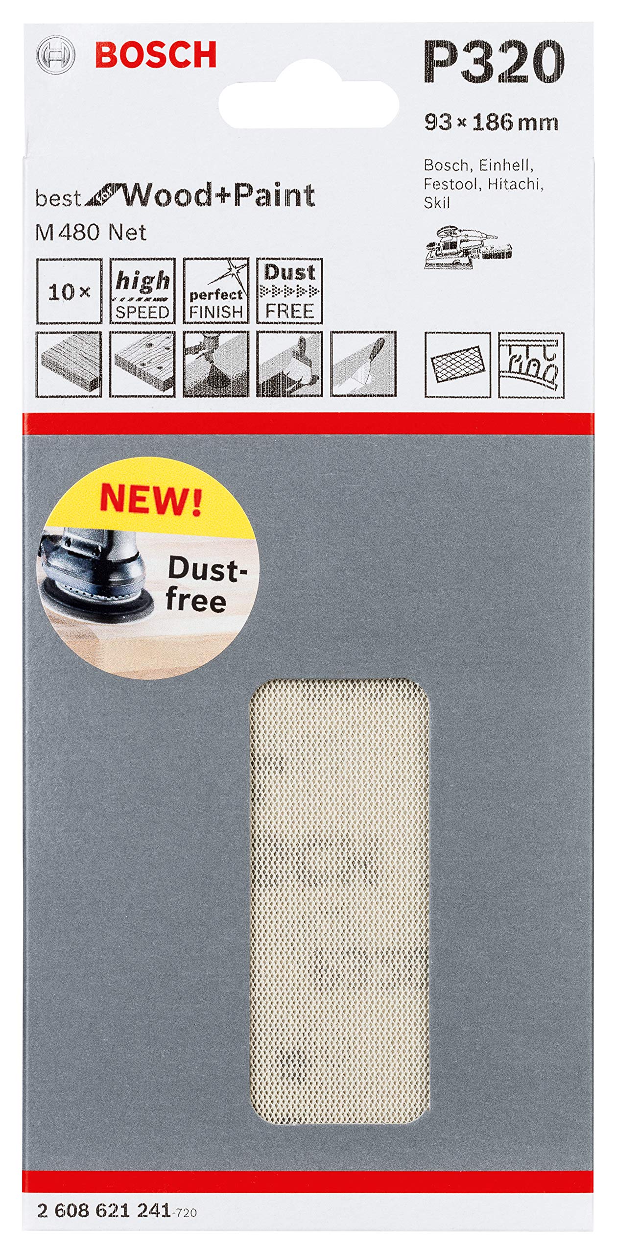 Bosch Professional Set of 10 Sanding Sheets M480 Best for Wood and Paint (Wood and Paint, 93 x 186 mm, grit G320, Accessories for Orbital Sanders)