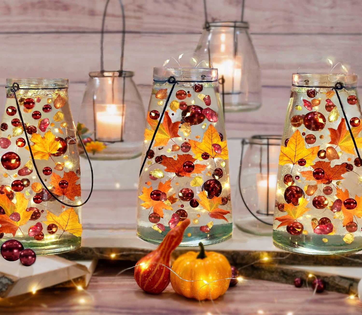 Vase Fillers - 70 Floating Shades of Fall Leaves-Pearls-Pebbles-Fills 1 Gallon-with Measured Transparent Gels Floating Kit/Prep Bag & 3 Warm White Submersible Fairy Lights-Stunning Vase Decorations