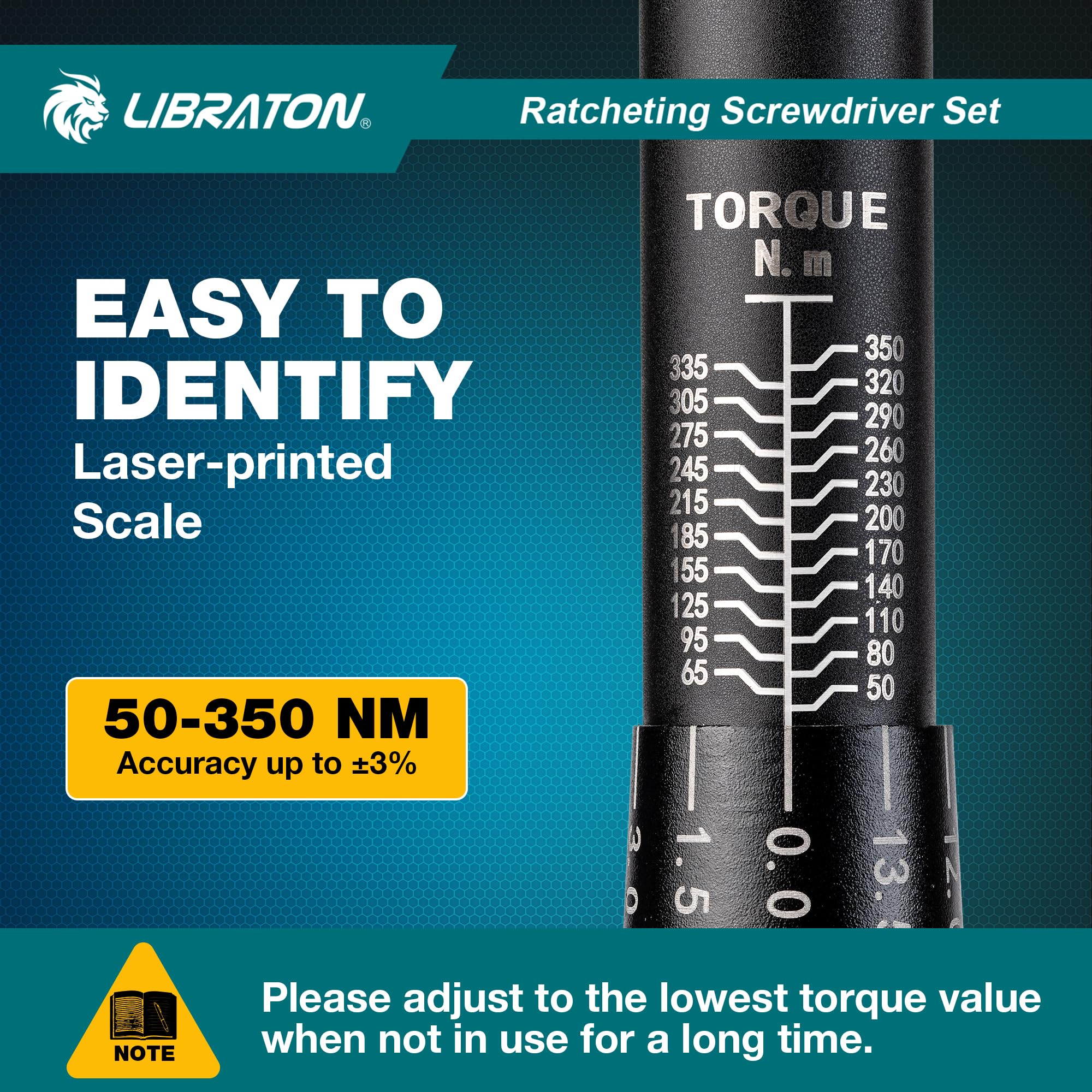 LIBRATON Drehmomentschlüssel 1/2 Zoll, 50–350NM, Drehmomentschlüssel Auto ±3% Genauigkeit, Gelenkgriff 1/2 Zoll, 72-Zahn-Dual-Direction Verstellbarer Drehmoment für Auto, Motorrad Reparatur 2