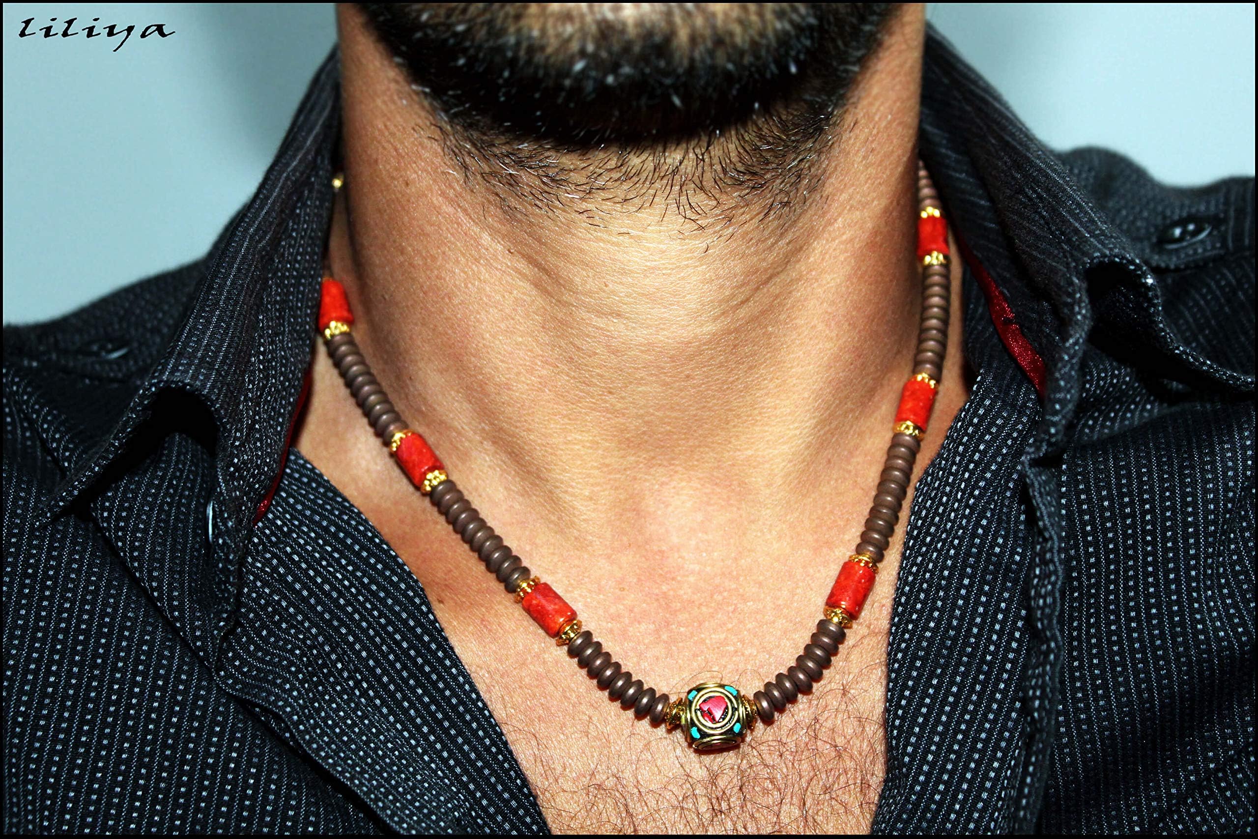 Liliya Jewelrymens necklace - surfer necklace with coral and hematite gems - neckless for men - men jewelry