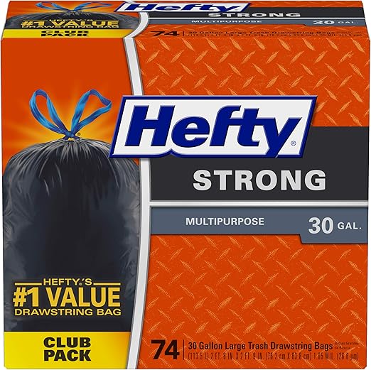 Hefty Strong Multipurpose Large Black Garbage Bags 30 Gallon, 74