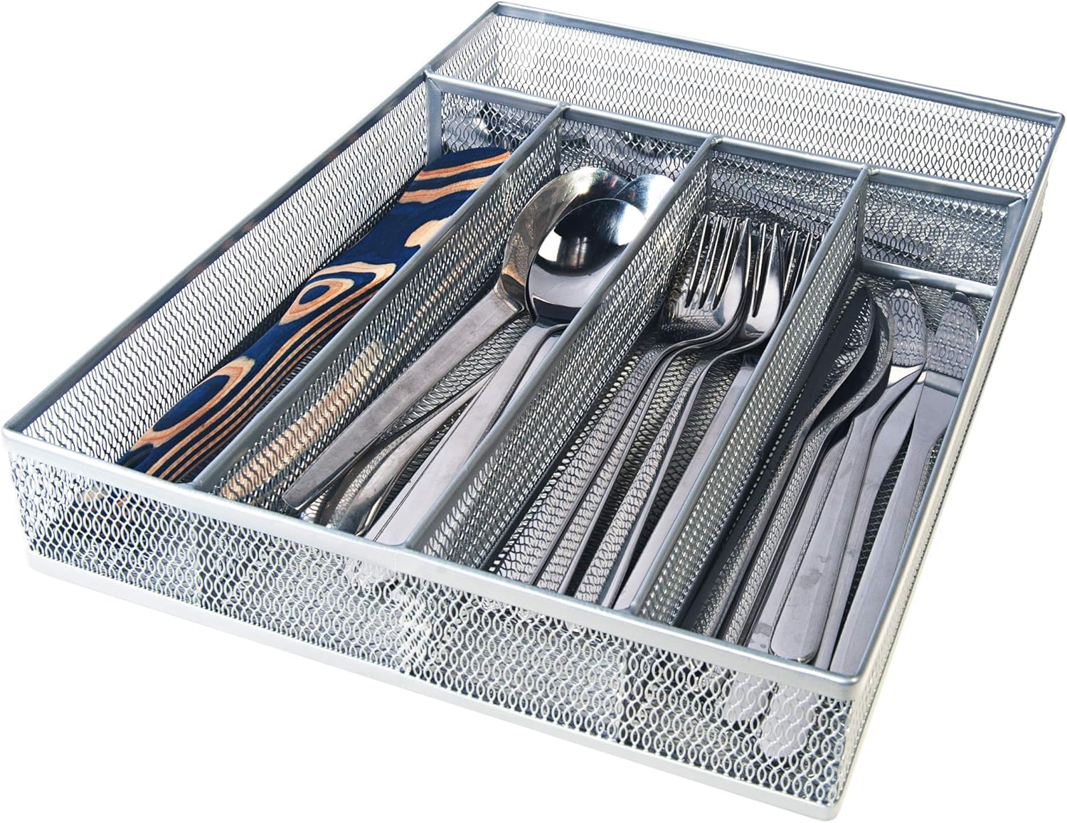 Flatware Tray Utensil Drawer Organizer Kitchen Utensil Cutlery Tray Mesh Designing with Foam Feet Multi Compartments Keep Desk Drawer and Office Supplies Well Organized (Silver): Kitchen & Dining