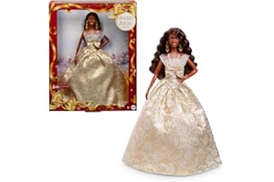 Barbie Signature 2025 Holiday Black Hair Fashion Doll Wearing Silver & Gold Gown, Seasonal Collector in Displayable Packaging & Stand