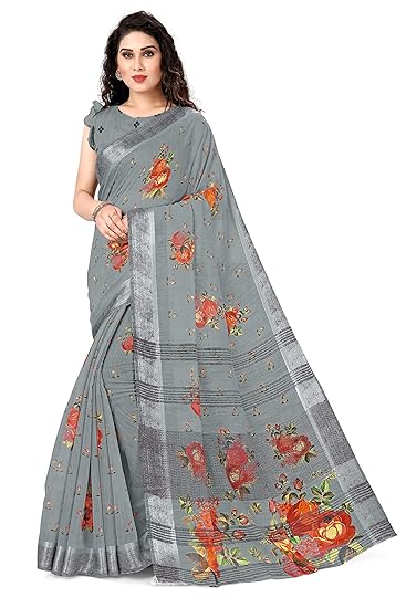 Womens Poly Cotton Rose Flower Print Saree With Un-stitched Blouse Piece (19040-Grey-6.3 meters)