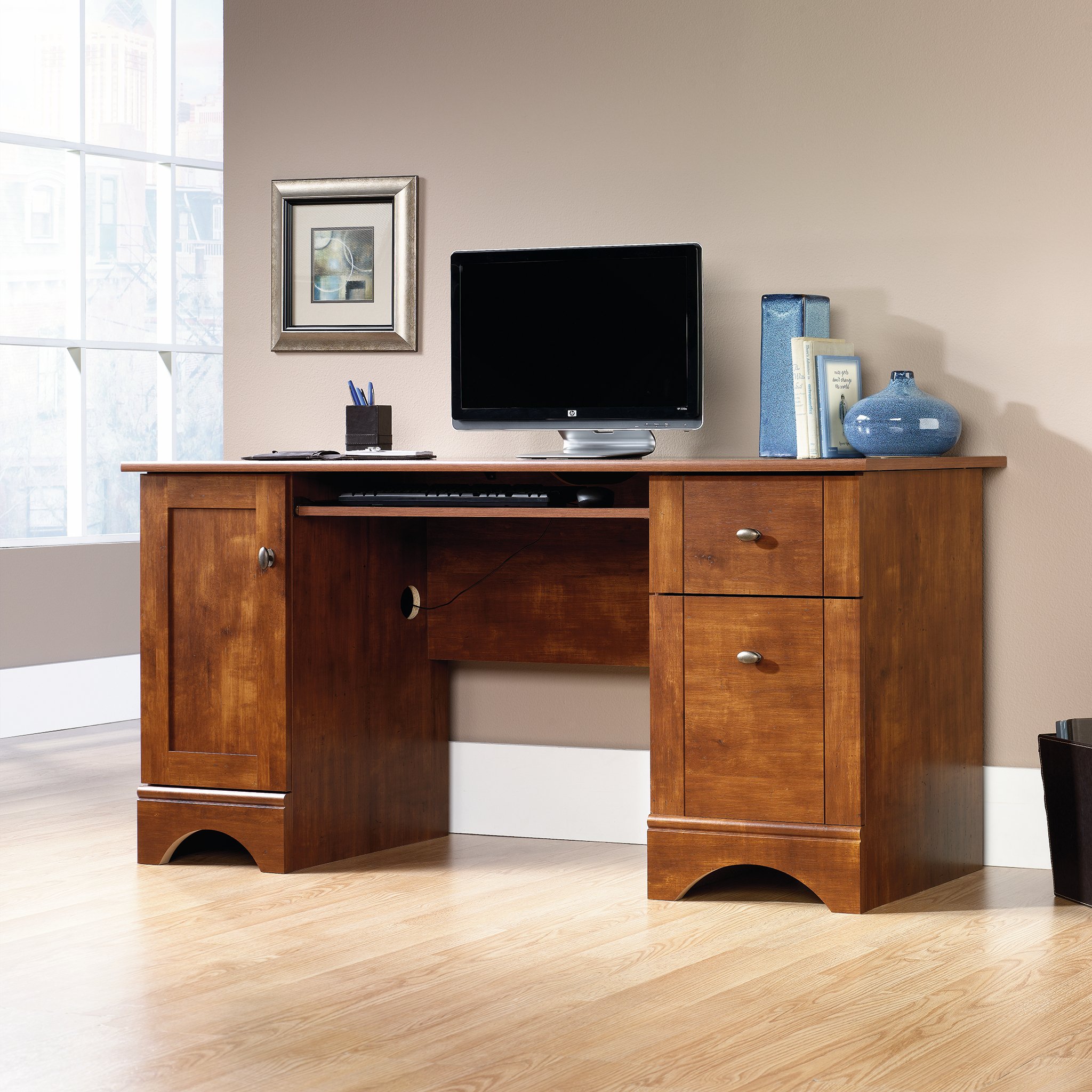 Sauder 402375 Miscellaneous Office Computer Desk, L: 59.45" x W: 23.47" x H: 29.02", Brushed Maple