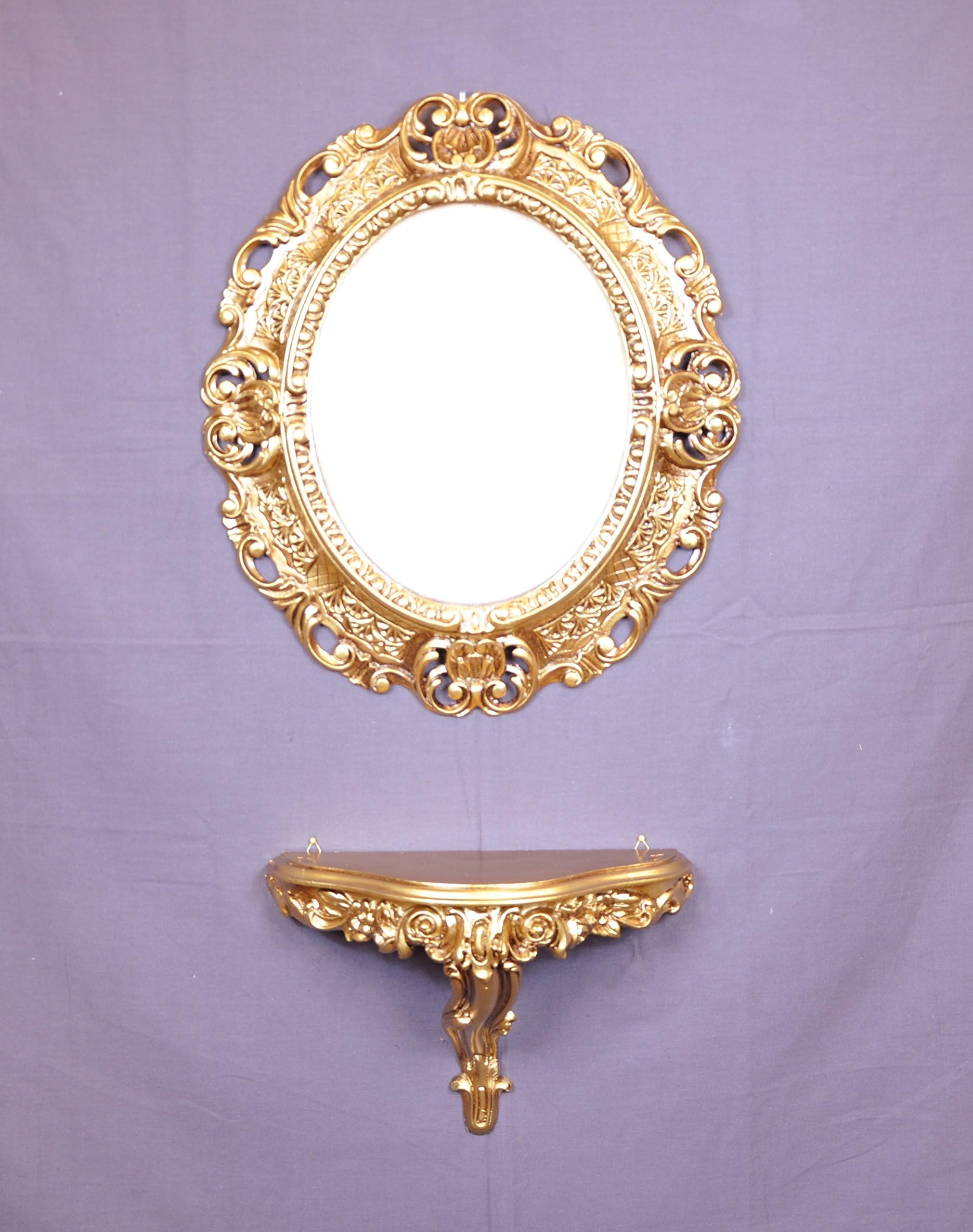 Ideacasa Console Gold + Oval Mirror Baroque Style Vintage Faux Baroque Mirror - Mirror cm 45x39