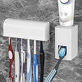 Linkidea Wall Mount Toothbrush Holder and Toothpaste Dispenser, Plastic Self Adhesive 6 Slots Tooth Brush with Cover for Bath