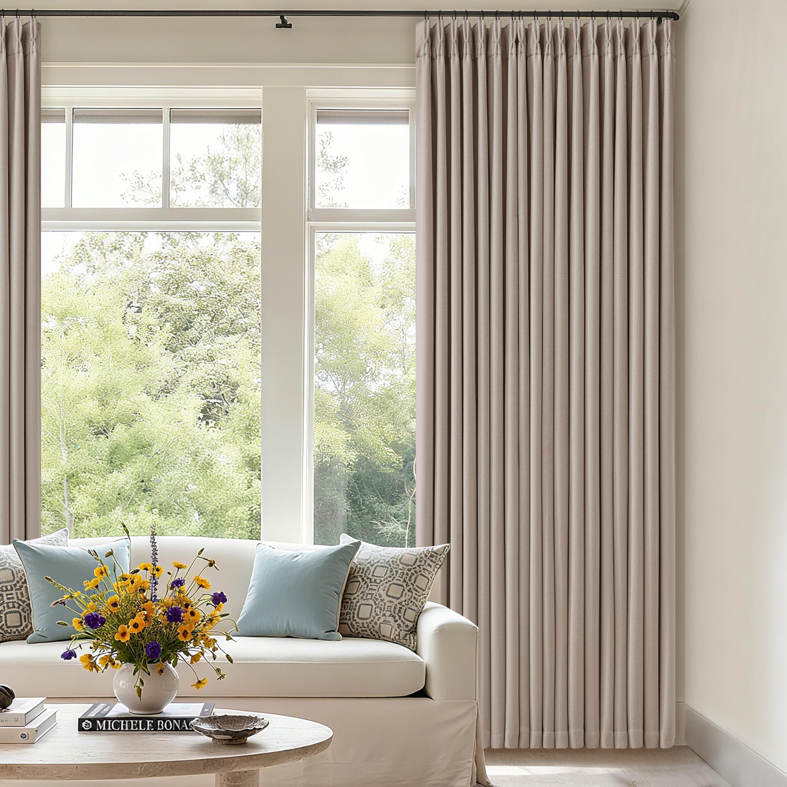 Photo 1 of 70 Inch Wide Blackout Curtains 84 Inches Long Memory Trained Pinch Pleated Room Darkening Thermal Linen Textured Two Layer Extra Wide Drapes for Living Room Sliding Door Burlywood Birch 1 Panel