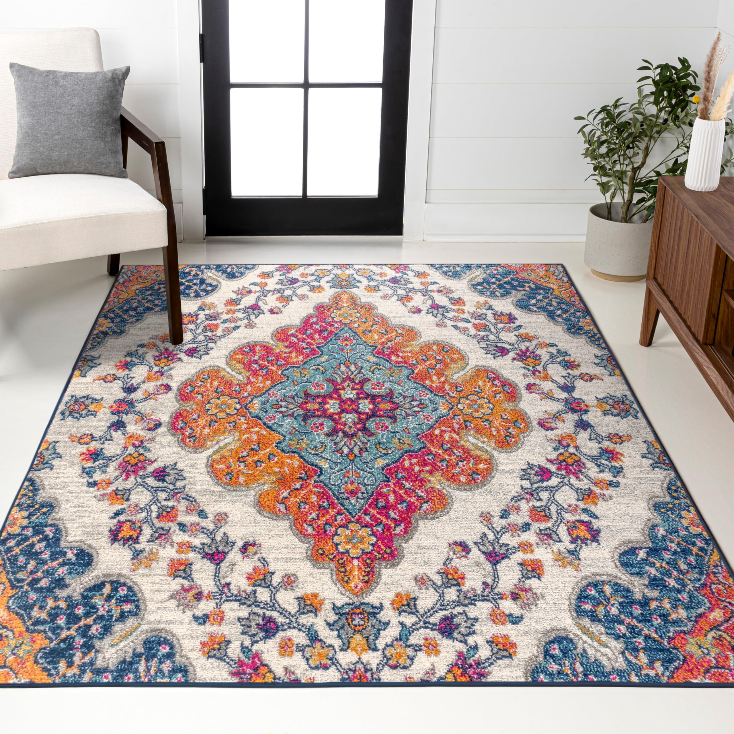 JONATHAN Y Boho Vintage Blue/Multi Indoor Area Rug, 12x15, Bohemian Flair Medallion, Floral Easy-Cleaning High Traffic for Living Room, Bedroom, Kitchen, Pet-Friendly, Non-Shedding (BMF106A-15) Image
