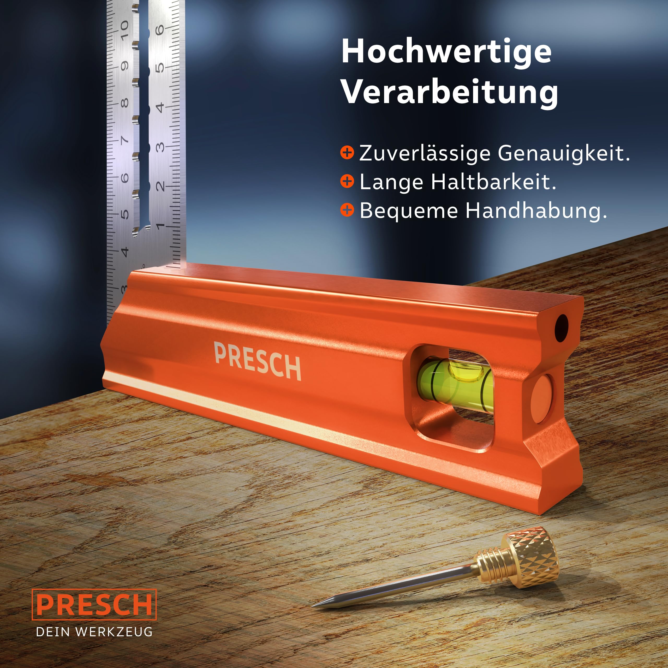 Presch Anschlagwinkel 250mm - Hochpräzise & Rostfrei - Innovatives Streichmaß 25cm - Exakter Schreinerwinkel inkl. Wasserwaage & Anreißnadel für ultimative Vielseitigkeit - Perfekte 90° & 45° 7