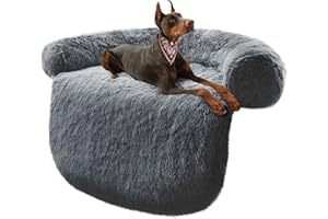 Auvce Fluffy Calming Large Dog Bed Deluxe Anti-Anxiety Plush Dog Mat Dog Couch Cover for Furniture Protector with Removable Pillow & Washable Cover, 39''x33''x7.5'', Dark Grey