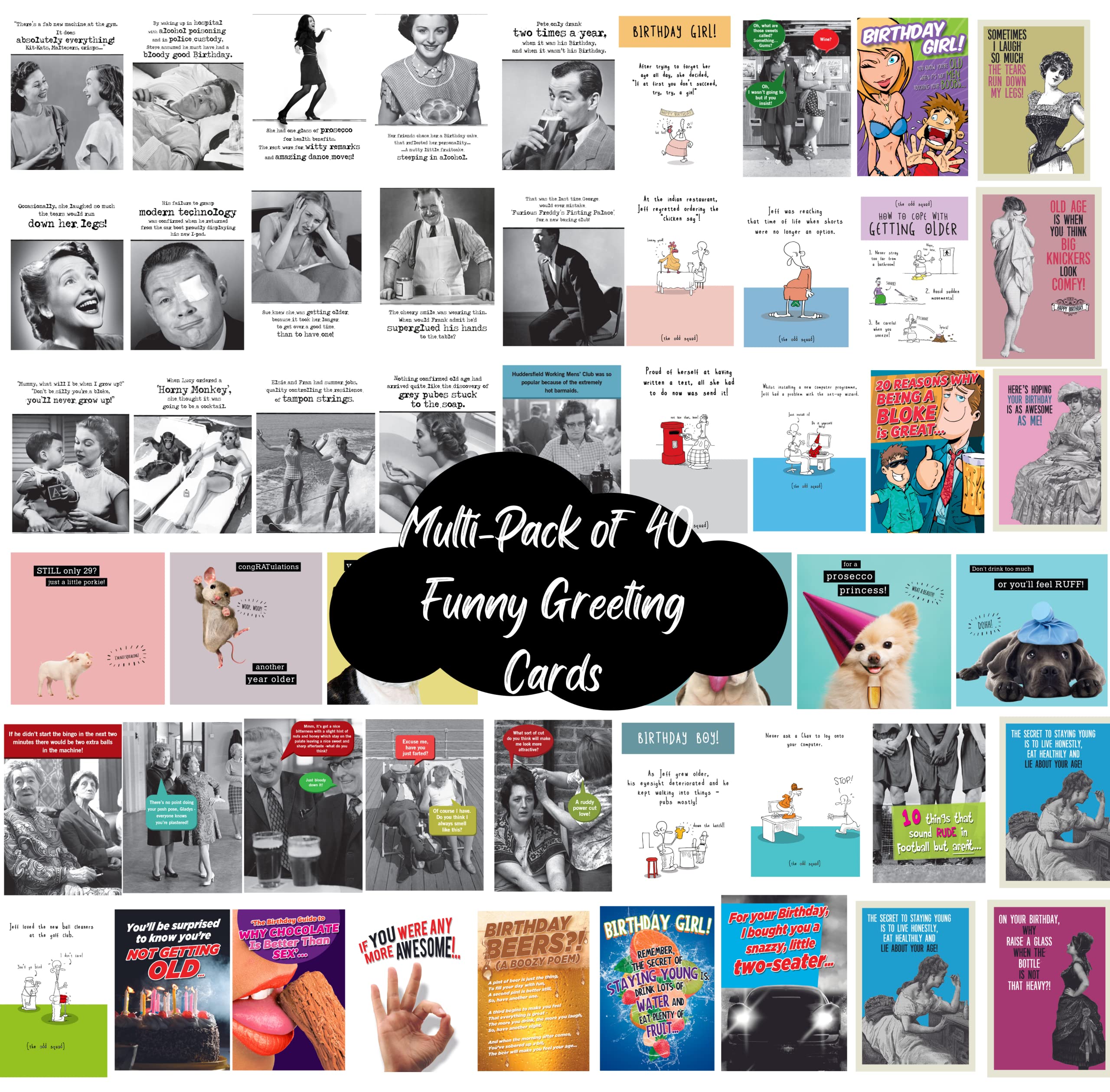 Emotional Rescue 40 Pack Birthday Cards, Funny & Rude Cards For Him and Her, Individual Random Multi-Pack Greetings