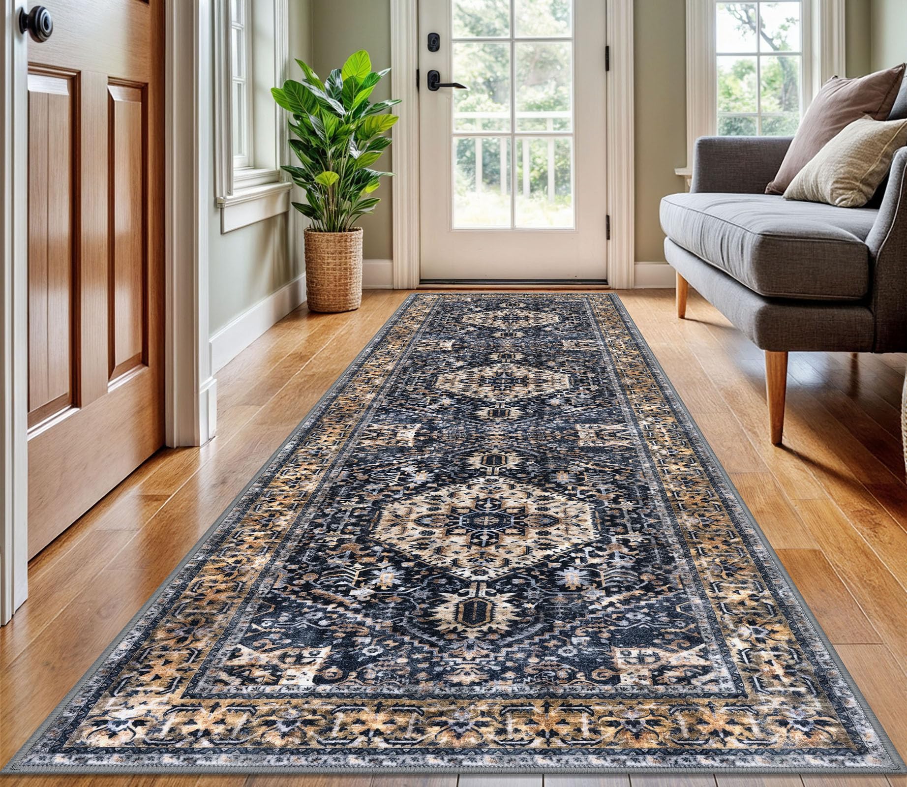 Photo 1 of KOZYFLY Long Runners for Hallways 3x10 Ft Washable Kitchen Runner Rug Boho Runner Rug for Entryway Indoor Gold Navy Printed Oriental Faux Wool Stair Floor Carpet Runner for Stair Kitchen Hall