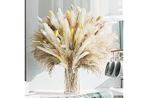 Bnecnet 100Pcs Natural Dried Pampas Grass Decor - 17.5” Fluffy Pampas Grass Bouquet, Pompas Floral Boho Home Decor, Bunny Tails Dried Flower Bouquet for Wedding Floral Room Home Party Table Decor