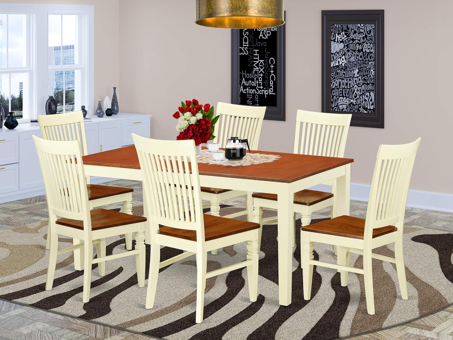 7 Pc Dinette set with a Dining Table and 6 Wood Seat Dining Chairs in Buttermilk and Cherry