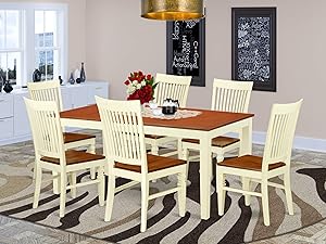 7 Pc Dinette set with a Dining Table and 6 Wood Seat Dining Chairs in Buttermilk and Cherry