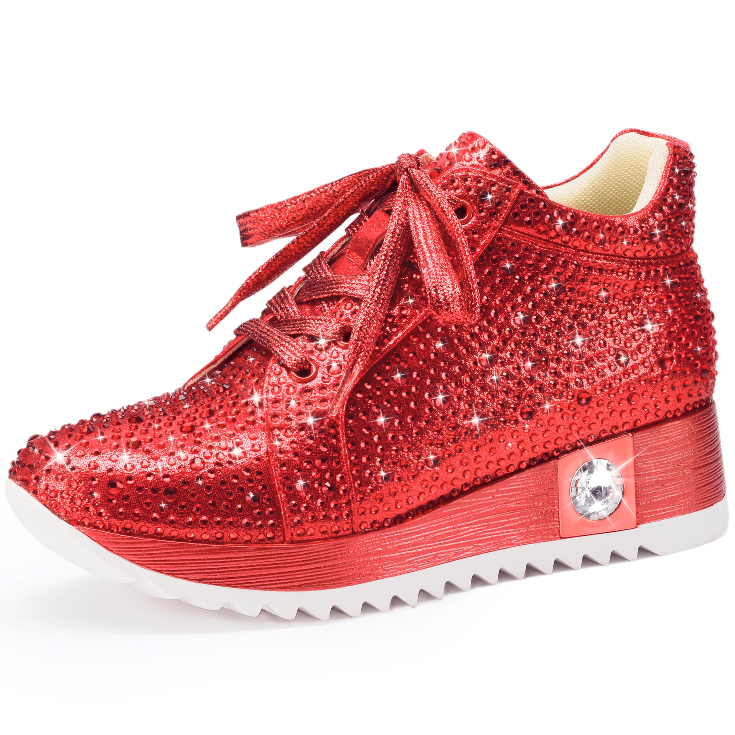 Photo 1 of FINDVELL Women's Fashion Glitter Sneakers Platform Wedge Shoes Sparkly Rhinestone High Top Sneakers Trendy Sequin Shoes Wedding Bride Dress Size 8.5 Red
