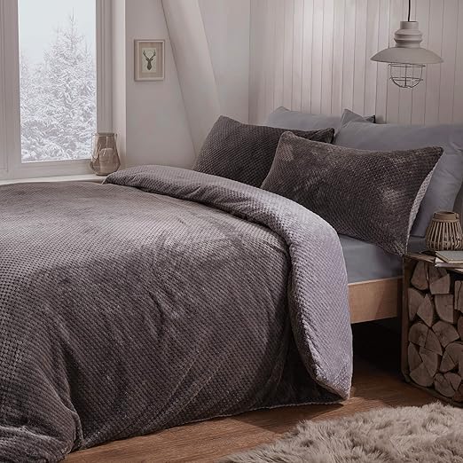 Sleepdown Waffle Teddy Fleece Grey Warm And Cosy Reversible Soft Duvet