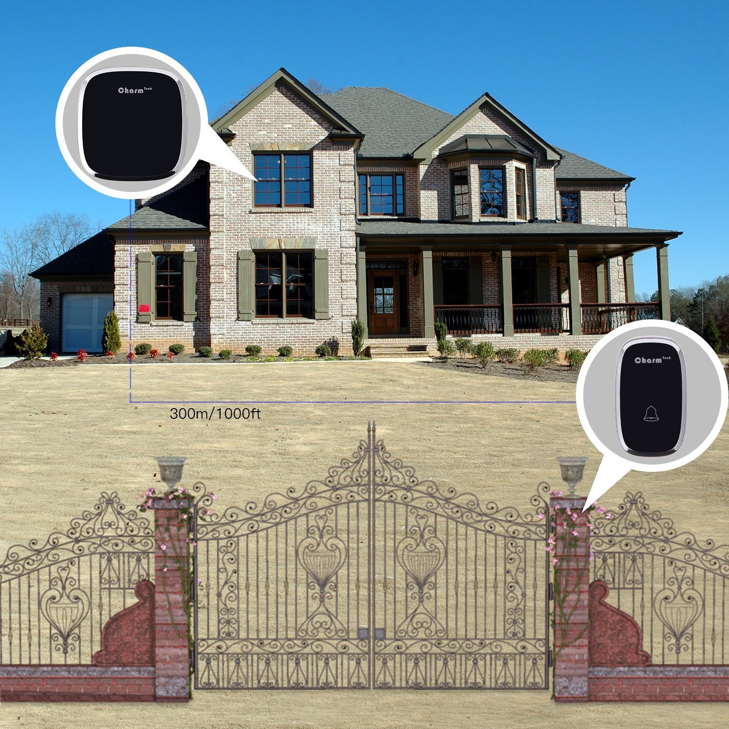 Sonnette Sans Fil de Porte, Kit de Carillon Électrique Étanche à 280 Mètres de Portée avec LED Bleu et 36 Mélodies au 4 Niveau Volumes pour Bureau, Maison, Classe, Hôtel, Hopital (Noir)