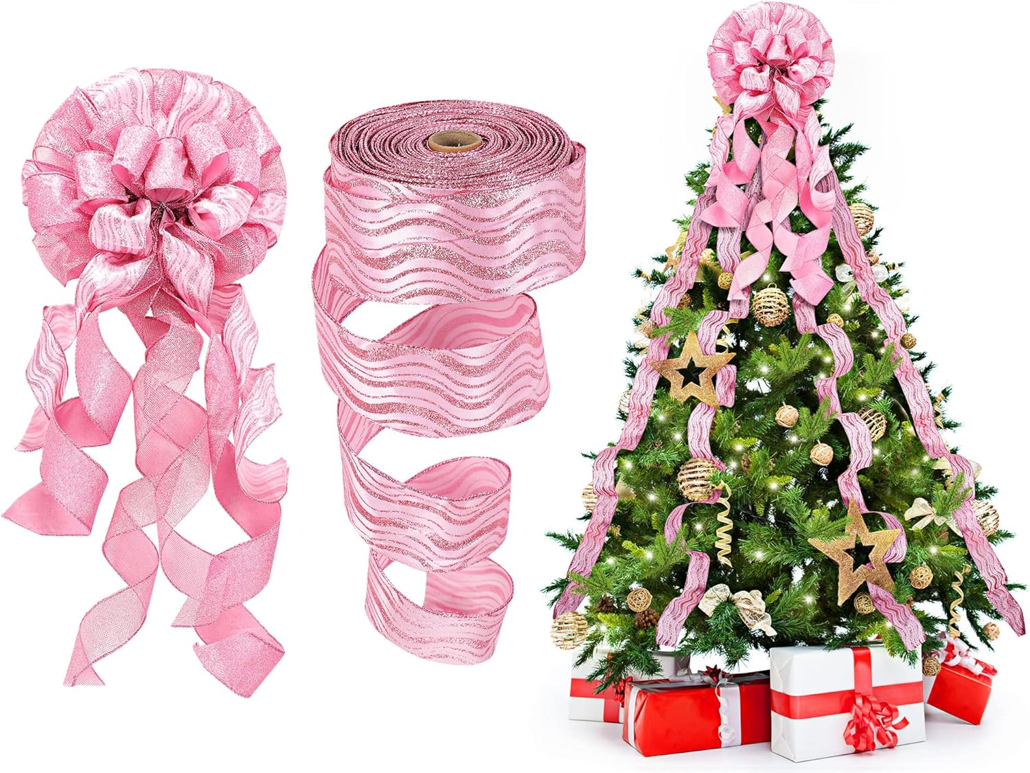 Bows & Ribbons - Christmas Tree Topper 12 x 34 Inch Hanging Christmas Large Bow Christmas Bowknot and A Roll Christmas Tree Decorations Ribbon, 2.5 Inch x 20 Yard for Christmas Decoration (Pink Style)