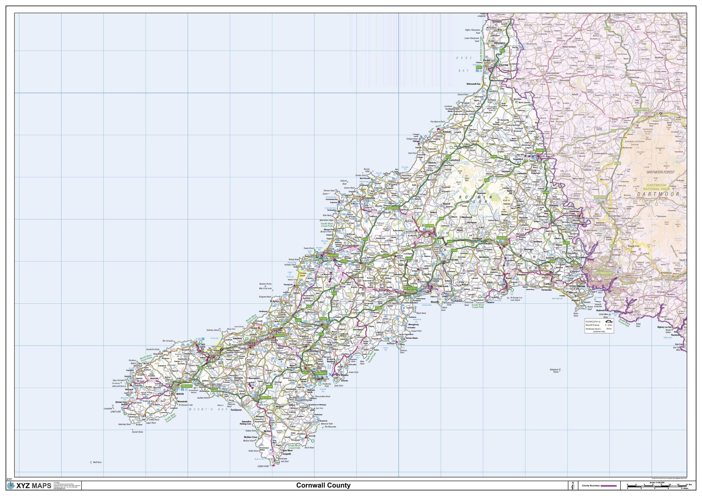 Cornwall County Map - 47" x 33.25" Laminated