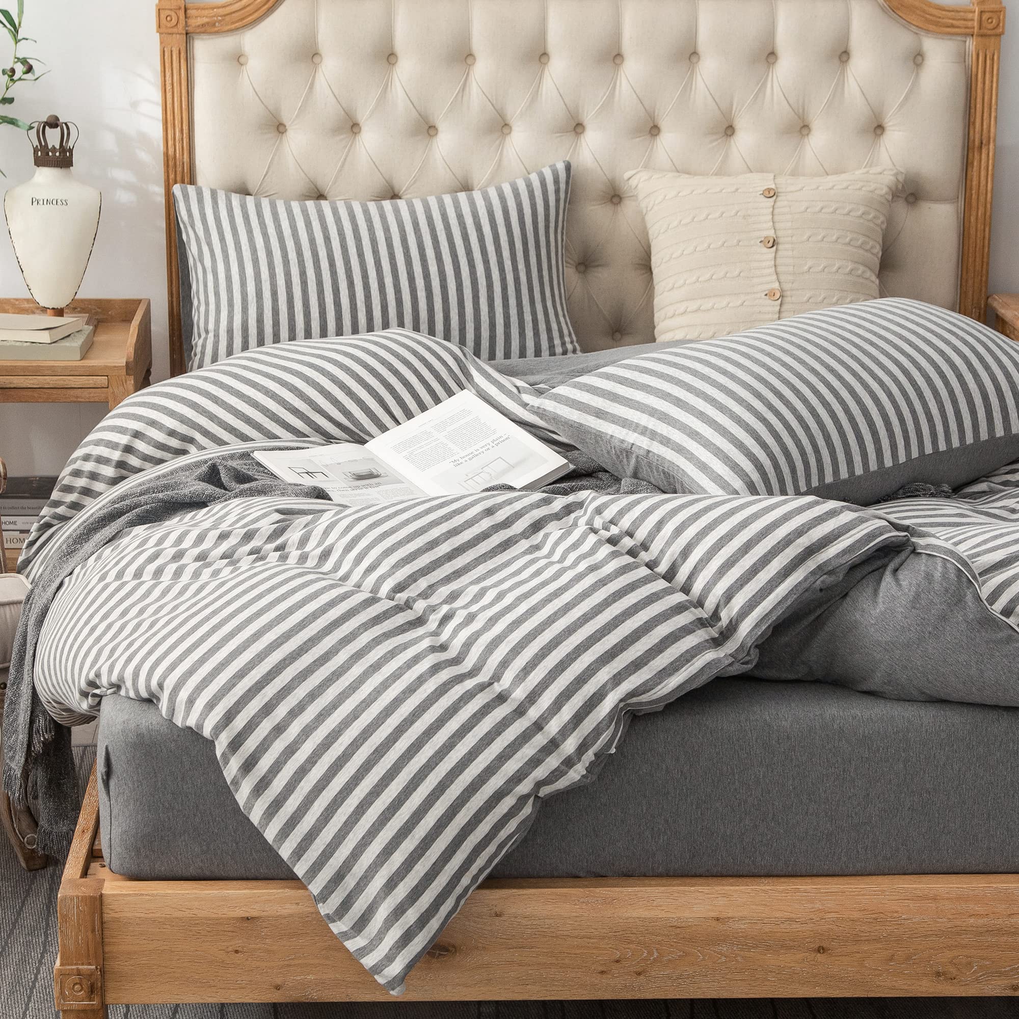 Photo 1 of PURE ERA Jersey Knit Duvet Cover Set 100% T-Shirt Heather Cotton Super Soft Comfy Classic Striped Design, with Zipper Closure, Grey Stripe, Queen