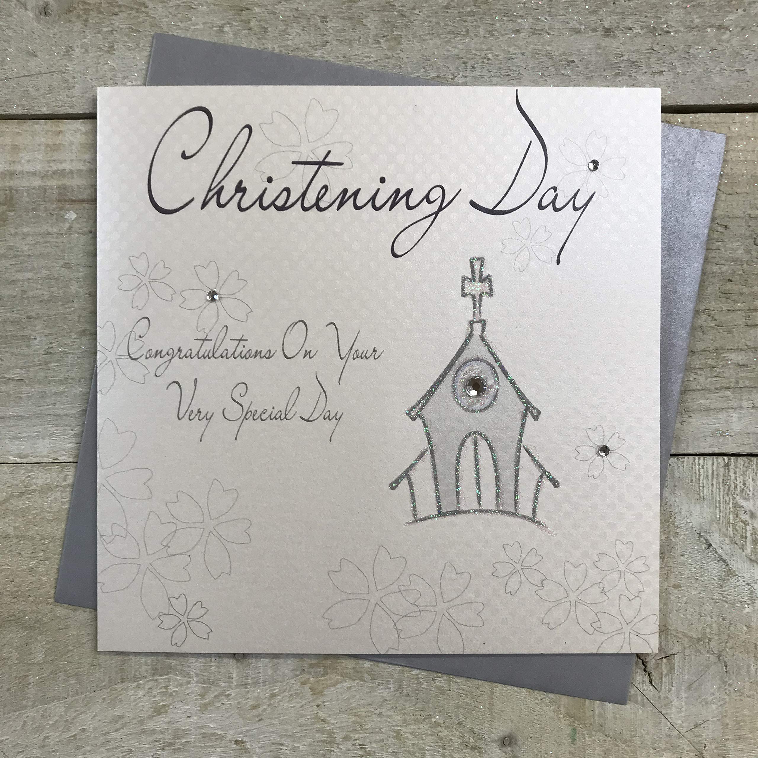 WHITE COTTON CARDS Christening Day Congratulations on Your Very Special Handmade Card, Silver Church, WB46-C,16cm x 16cm