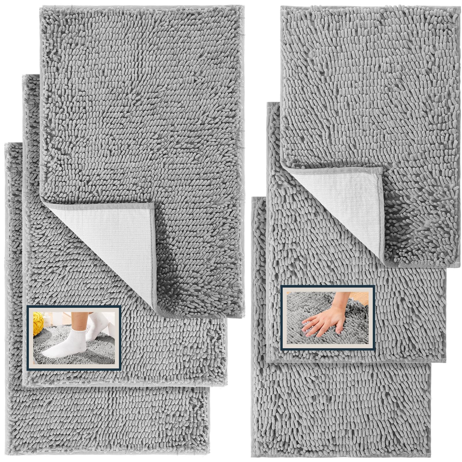 Photo 1 of 6 Pcs Chenille Bathroom Rugs Non Slip Bath Mats Set Soft Plush Bath Rugs Absorbent Bathroom Carpets Sets Shaggy Shower Mats Machine Washable for Floor, 32'' x 20'', 24'' x 16''(Grey)