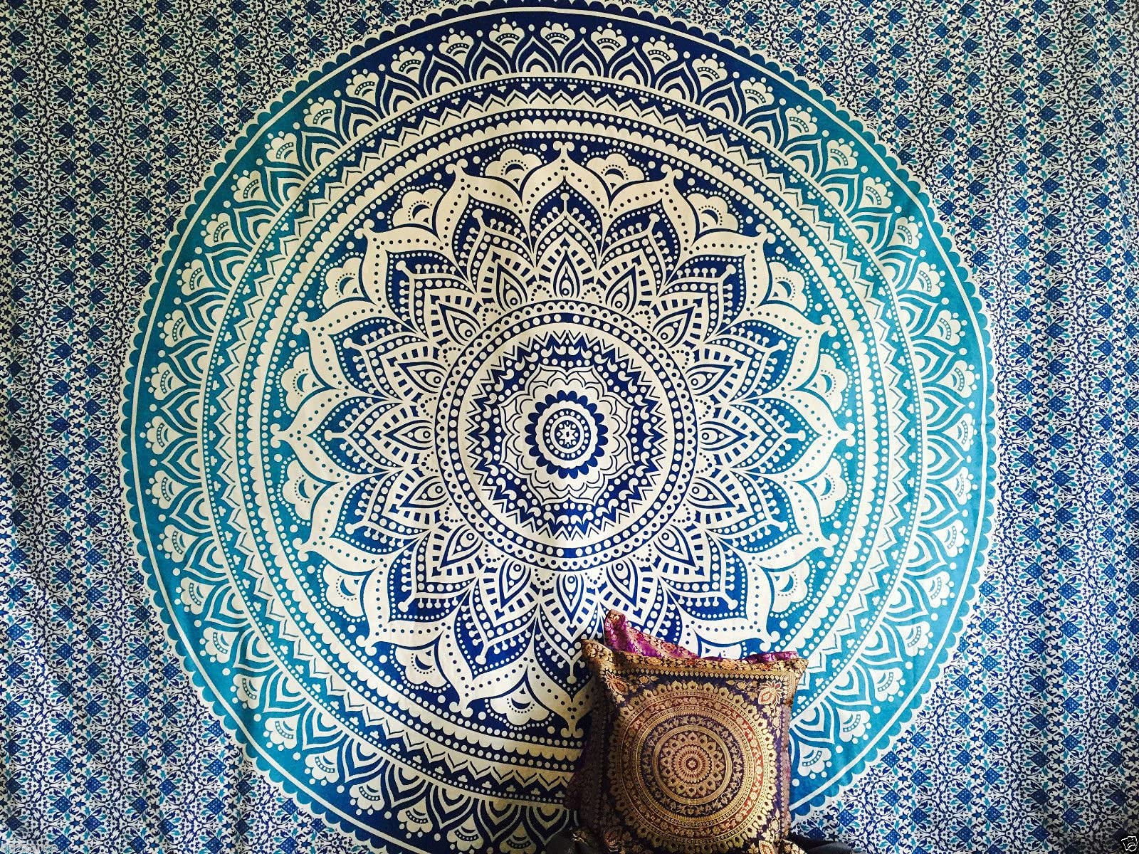 Indian Throw Hippie Gypsy Cover Bohemian Dorm Deco 100% Cotton Hand Printed Block Print Design Mandala Tapestry Wall Hanging Beach Bedspread by Raajsee 52x82 inches