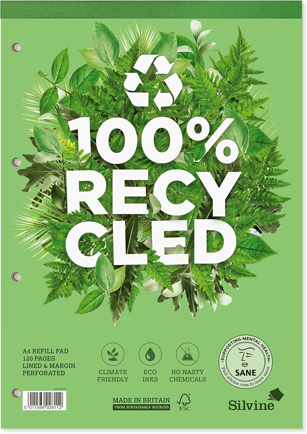 Silvine Premium A4 Recycled Refill Pad 120 Pages Ruled 8mm Feint Margin R101